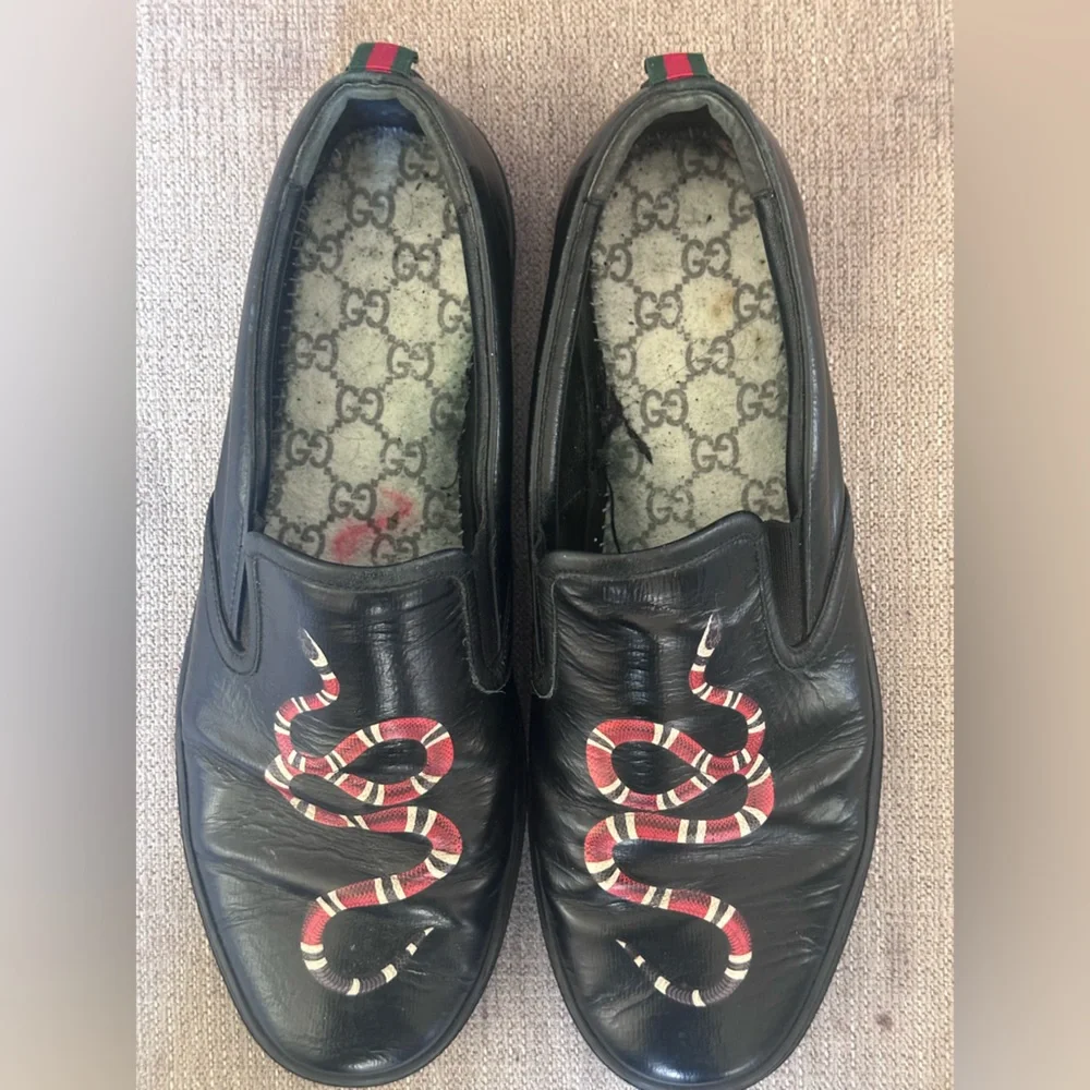 Gucci Snake Design Black Leather Men’s Slip-On Sneakers Size 12 G - Picture 12 of 13